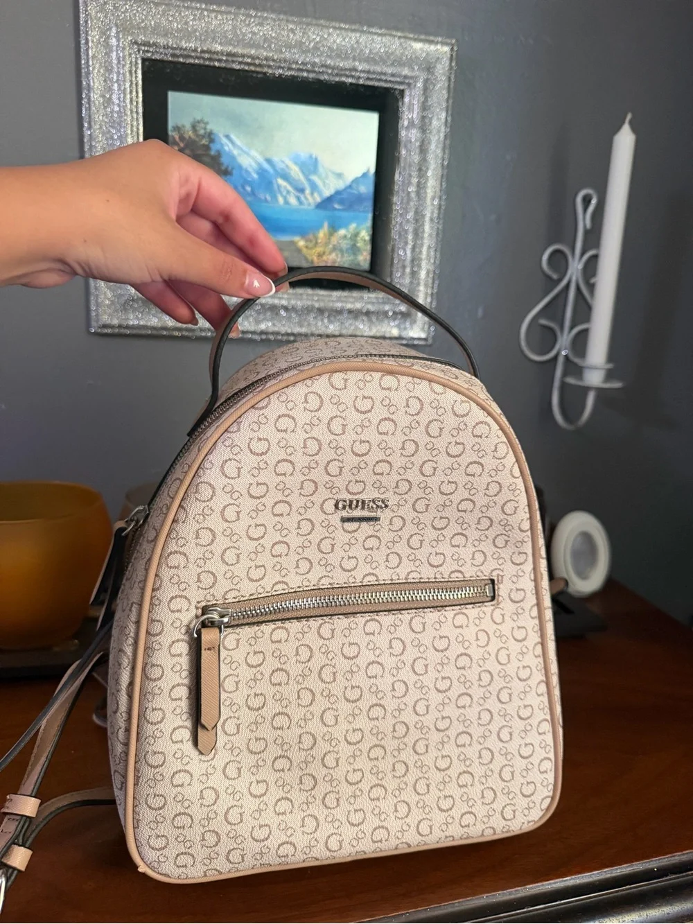 GUESS Beige Logo-Print Mini Backpack with Front Zip